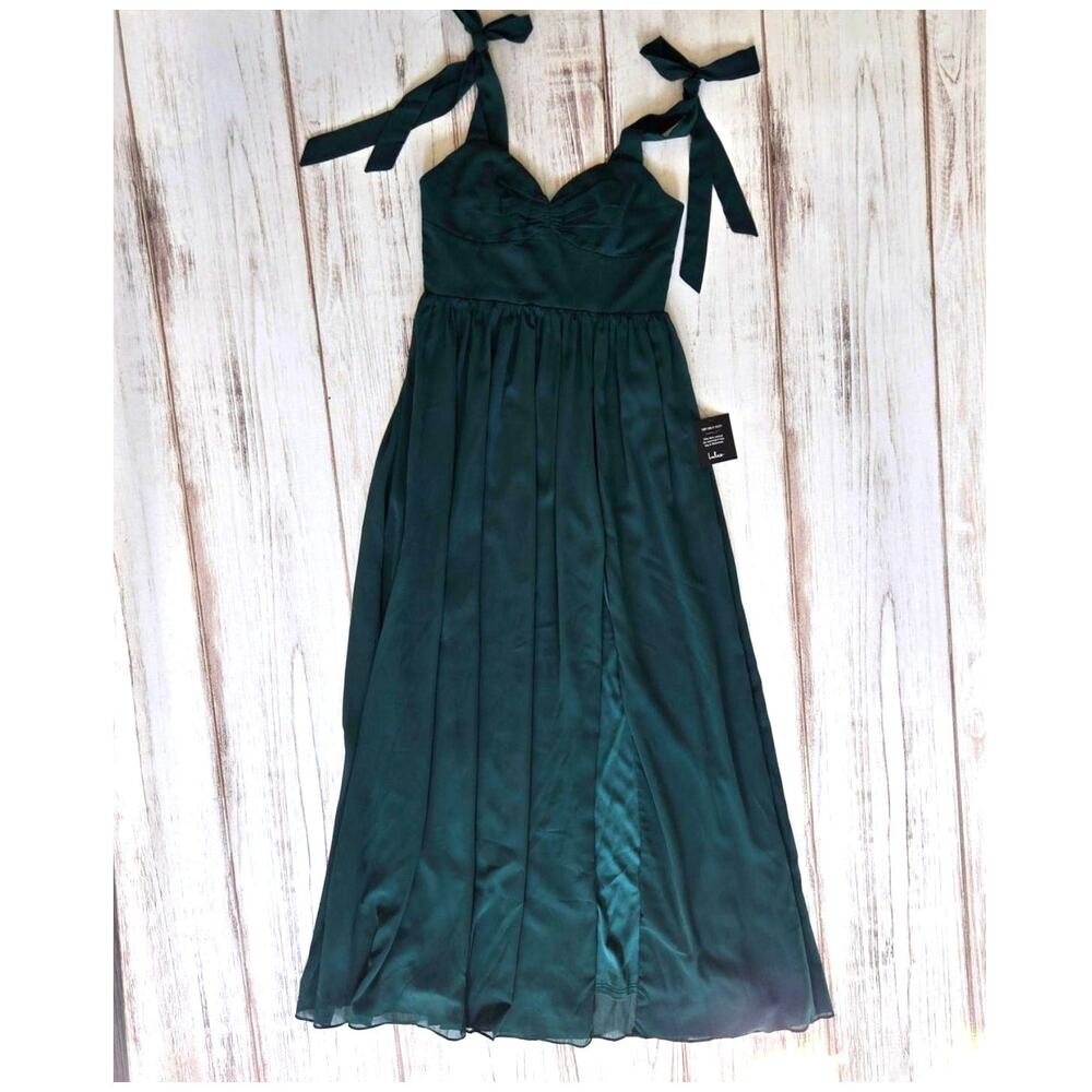 Lulu's Emerald Green Chiffon Maxi Dress with Wide Straps with Bows sz M New
